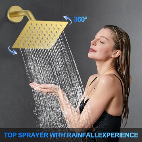 Image of Woindo Shower Faucet Set, 10 inch Wall Mount Rainfall Shower System with 2 Rain Shower Head and Multi-function Handheld Head Push Button Diverter Shower Faucet Trim Kit
