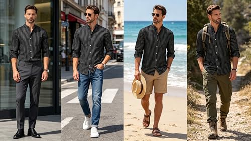 BAYAMO Men's Banded Collar Stripe Shirt, Linen Cotton Mandarin Collar Long Sleeve Button Down Shirts Collarless Tops(Black, L) - image 7