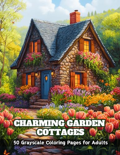 Charming Garden Cottages Coloring Book: 50 Grayscale Coloring Pages for Adults for Relaxation and Stress Relief