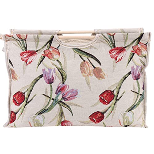 Image of Jeanoko 1pc Knitting Bag Yarn Storage Bag Practical Wood Handle Woven Fabric Storage Bag for Knitting Needles Sewing Tools(Rose Jacquard)