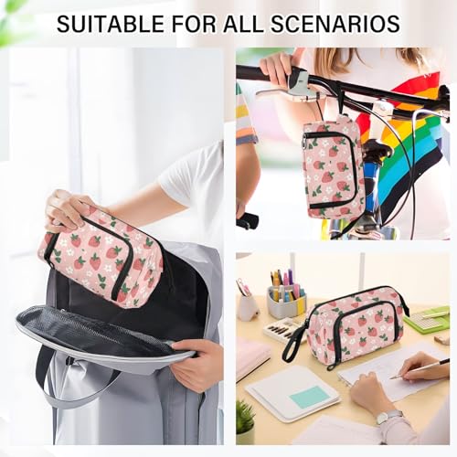 Image of Cute Strawberry Flower Pencil Bag Pencil Case for Teen Boy Girl, Big Capacity Pen Bag Zipper Pencil Pouch with Handheld Aesthetic Pencil Pouch School Office Stationery