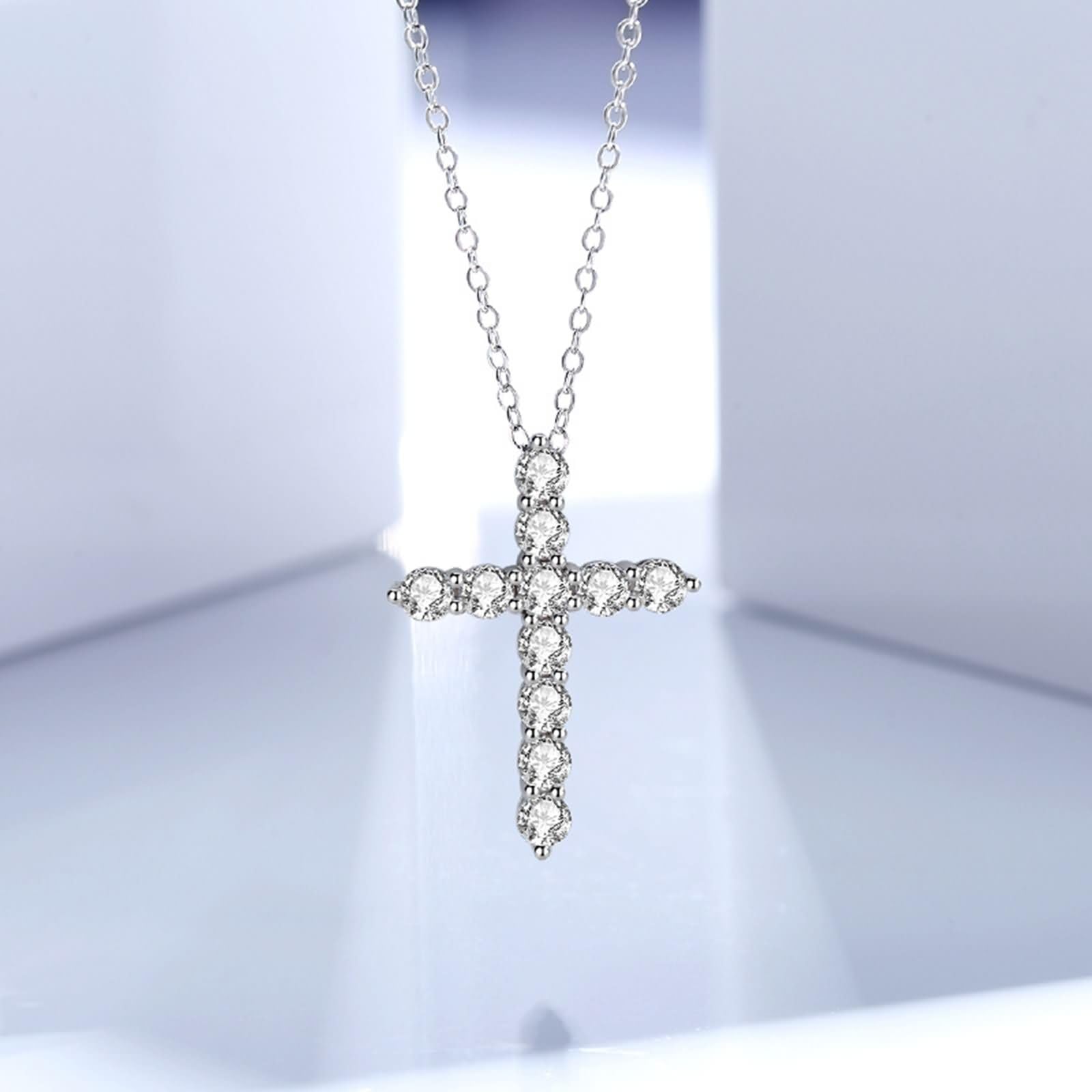 9K / 14K / 18K White Gold Necklace Women, Moissanite Cross, Silver Pendant Necklace for Women