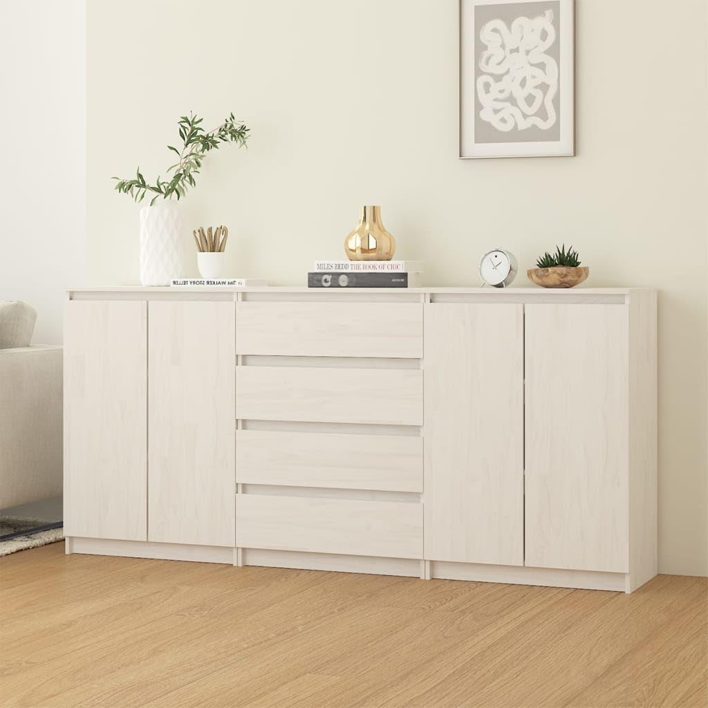 vidaXL 3X Madera Maciza de Pino Armario Auxiliar Lateral Auxiliar Alacena Entrada Sala de Estar Almacenaje Organizador Salón Mueble Blanco