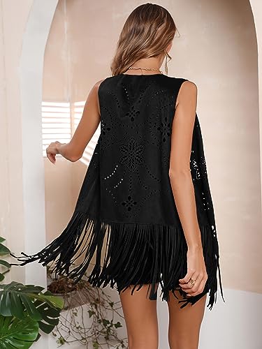 WDIRARA Women's Fringe Sleeveles Vest Hollow Out Open Front Faux Suede Jacket Coat2