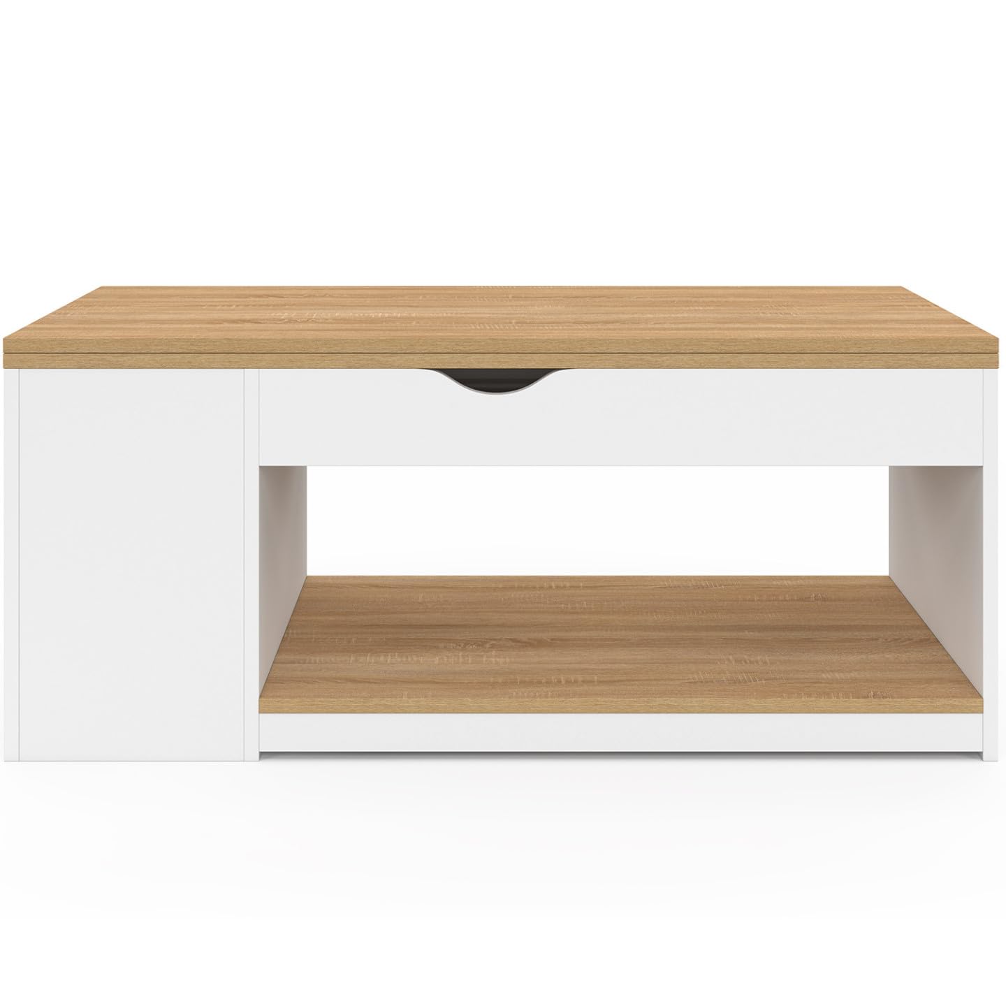 IDMarket – Mesa de centro elevable rectangular Convertible en mesa de comedor ELEA 100 cm, madera blanca y haya