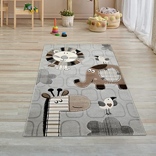 Kinderzimmer Teppich Spielteppich Zootiere Löwe Elefant Vögel Giraffe grau braun Creme, Größe...