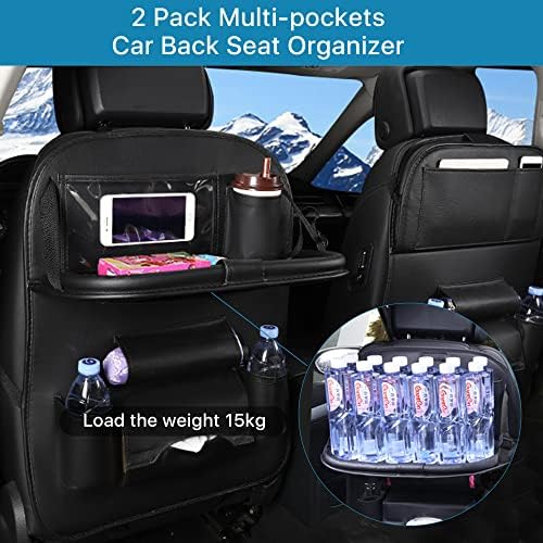 Akamino 2 Pack Car Backseat Organize, PU Leather Car Seat Back Organiser with Foldable Tray Table and Multi Pockets for Travel, Parents Drivers, Kids Toys Food Storage