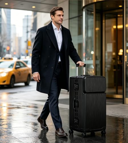 Image of feilario Super Large Aluminum Frame Zipperless Checked Luggage Front Pocket | Front compartment, PC shell and cup /phone holder keep 126L packing reachable for long trips, family travel and dorm moves