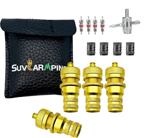 Image of SUVCARMPING Adjustable Auto-Stop Tire Deflator Valve Kit (6-30 PSI) 4 PCS Screw-on Tyre Air Down Tool for Offroad 4x4, Brass