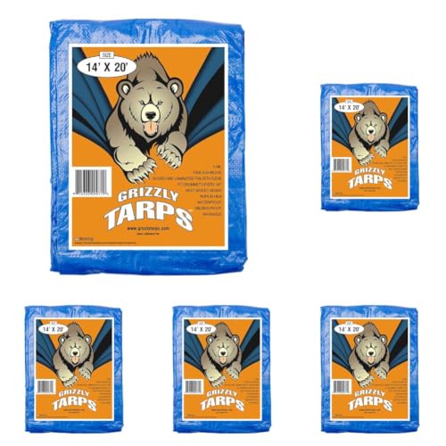Image of Grizzly Tarps by B-Air Large Multi-Purpose Waterproof Heavy Duty Poly Tarp with Grommets Every 36 inch, 8x8 Weave, 5 Mil Thick, for Home, Boats, Cars, Camping, Protective Cover, Blue, 14X20 (Pack of 5)