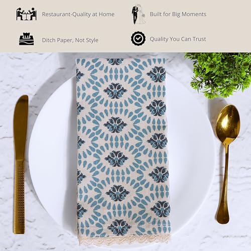 Image of FINGERCRAFT Printed Cloth Napkins Cotton Linen Blend Fabric Set of 6 with Classic Lace 20x20 Inch Dinner Napkin Durable and Good Absorbency for Home, Hotels, Parties (Moroccan Beauty)