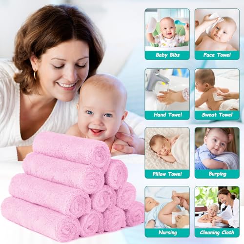Image of HOMEXCEL Baby Washcloths 12 Pack-Microfiber Coral Fleece Baby Bath Face Towel 7 x 9 Inch Extra Absorbent Soft Burp Cloth and Wash Cloths for Newborn-Infants and Toddlers,Light Pink