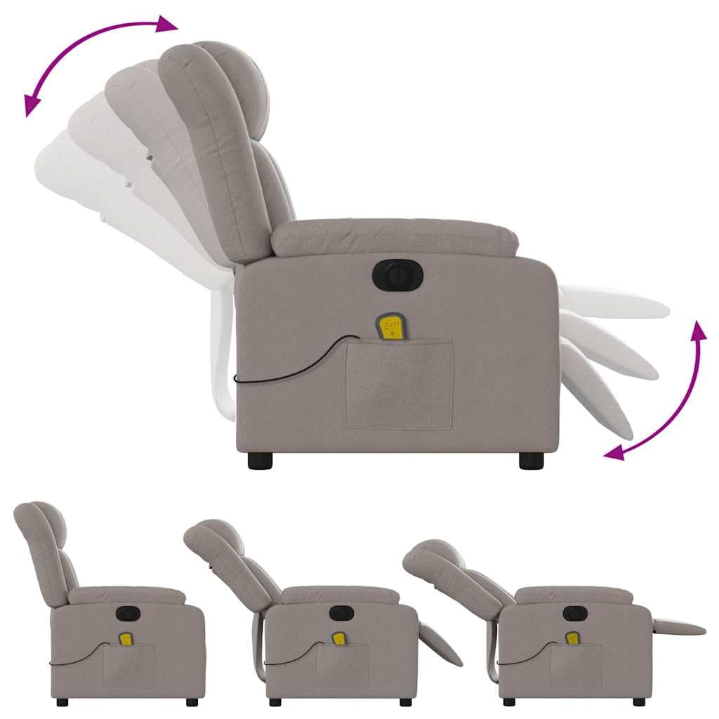 Elektrischer Massagesessel aus Stoff Taupe mit 6 Vibrationspunkten und stabilem Rahmen, automatische Neigungsfunktion um 135 Grad und bequeme Armlehnen