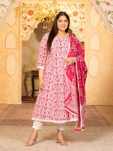 Image of MEERA FAB Women's Pure Cotton Printed Anarkali Kurta with Palazzos & Dupatta