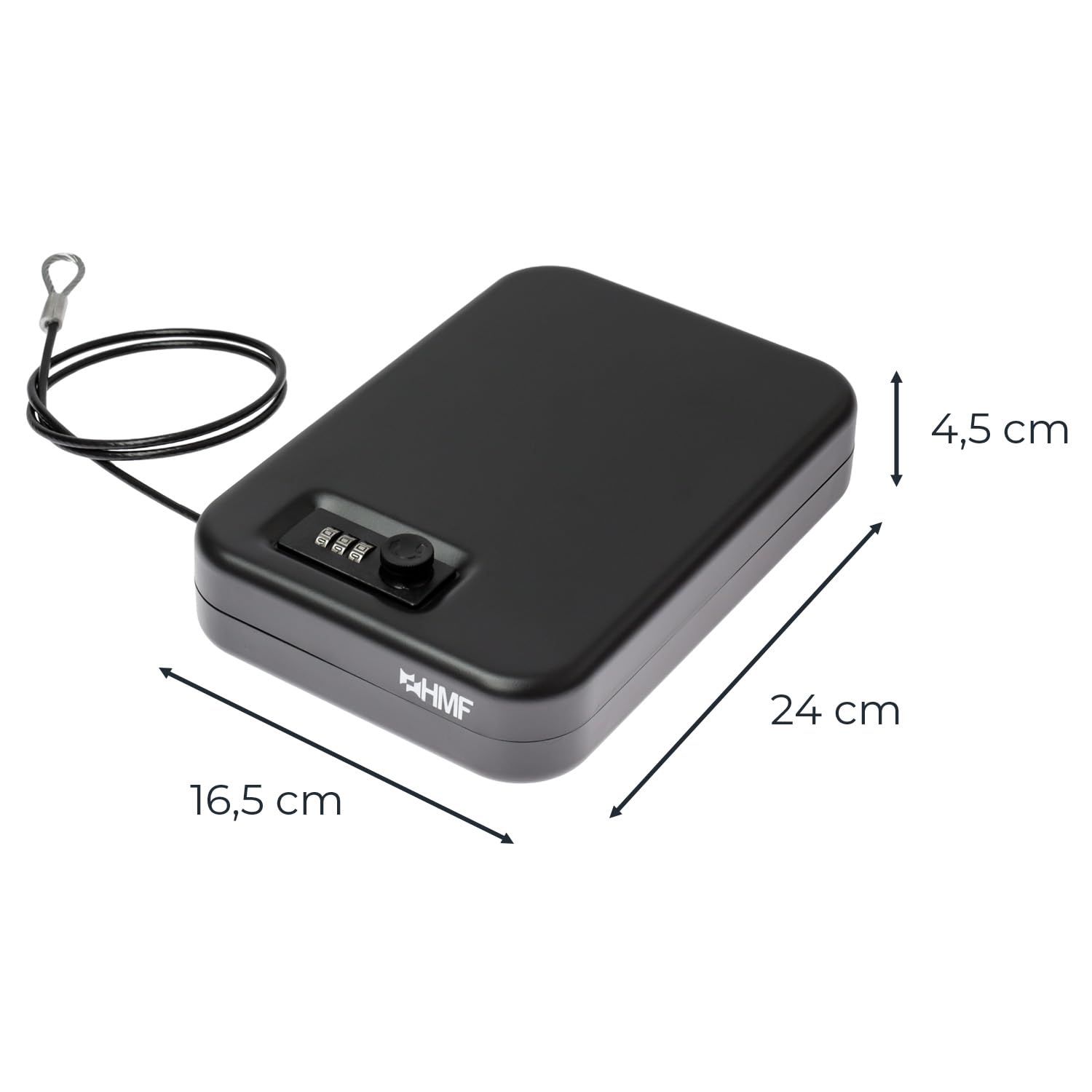 HMF 317-02 Caja de seguridad con cerradura de combinación, Caja portátil, cable de seguridad | 24 x 16,5 x 4,5 cm | Negro