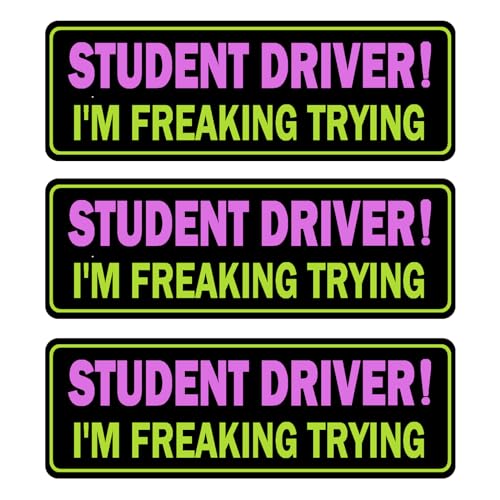Image of 3 Pack Student Driver Magnet for Car, Magnetic Student Driver Sign for Vehicle, Reflective Warning Bumper Sticker Magnet Sign for New Driver, 10 inch x 4 inch (Black-PinkYellow)