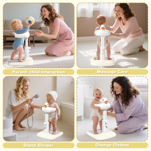 Image of Baby Bath with Shower Stand Support - Adjustable Toddler Shower Tower with Anti-Pinch & Anti-Slip Design, Baby Bathtub Stand for Infants 6-36 Months, Ideal Gift for Newborns,Khaki