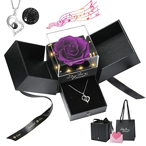 Emibele Flor Rosa Real Encantada + Collar de Corazón con Te Amo en 100 Idiomas, Rosa Preservada Eterna con Collar, Música y Luces, Regalo Romántico para Novia Esposa en San Valentín Aniversario