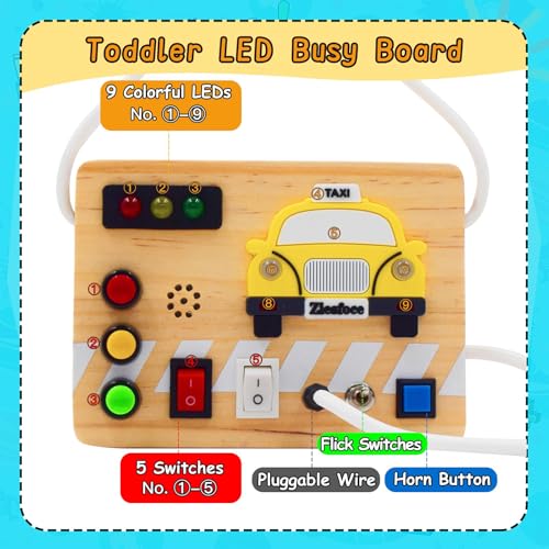 Image of Montessori Busy Board Wooden Sensory Toys with LED Light Up Switch Travel Toys for 1+ Year Old Toddler Baby Boys Girls Gifts (Taxi Busy Board)