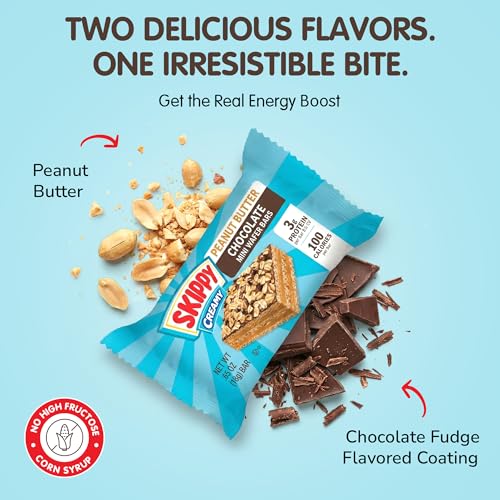 Image of SKIPPY Peanut Butter Wafer Bars Mini | Chocolate Fudge Flavored Coating | Peanut Butter Wafers with Chocolatey Chips & Oats on Top | Sweet & Creamy Dessert Snacks | 0.65 oz (18g) Per Bar, 10-Pack
