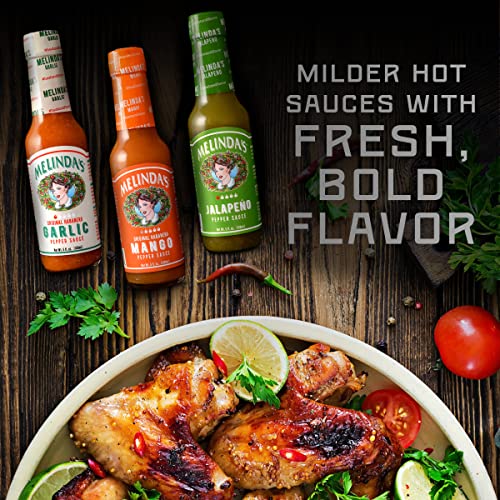 Image of Melinda's Mild & Wild Variety Pack - Gourmet Hot Sauce Gift Set with Variety of Fresh Flavors - Includes Jalapeno, Mango & Garlic Habanero - Premium Hot Sauce Variety Pack with Mild Heat - 5oz, 3 Pack