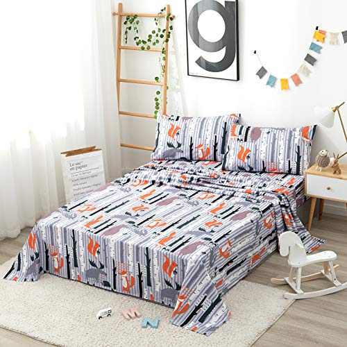 JSD Printed Kids Sheet Set Twin Deep Pocket, Ultra Soft Brushed Microfiber Animal Fox Pattern Bed Sheets, 3 Piece