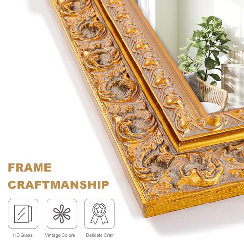 Image of 37 inchx25.2 inch Vintage Gold Decorative Wall Mirror, Bathroom Mirror for Wall, Bedroom /Entryway /Side Cabinet, Solid Wood Frame Decor with Foil Embossed Design