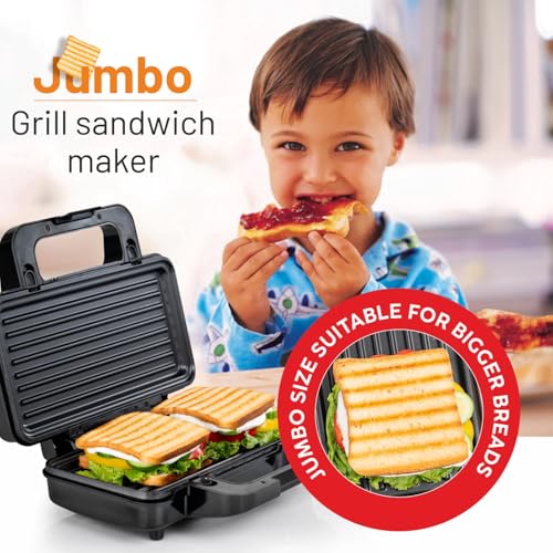 Image of Glen 1000W Grill Jambo Sandwich Maker | Jumbo Non-Stick Grill Plates | Thermostat Controlled Even Cooking | Cool-Touch Handle with Indicator Lights | Vertical Storage | 2-Year Warranty