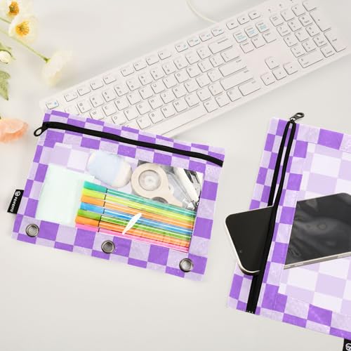 Image of Purple Grid Pencil Pouch for 3 Ring Binder with Zipper 2 Pack Binder Pouches Cosmetic Bag with Clear Window