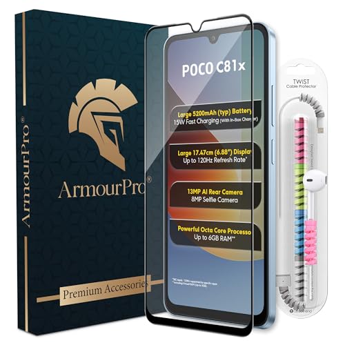 Image of ArmourPro Military-Grade Tempered Glass for Poco C81x - 9H Anti Scratch, Edge-to-Edge Coverage, HD Clarity, Smooth Touch, Case Friendly, Easy Installation Kit with Cable Protector