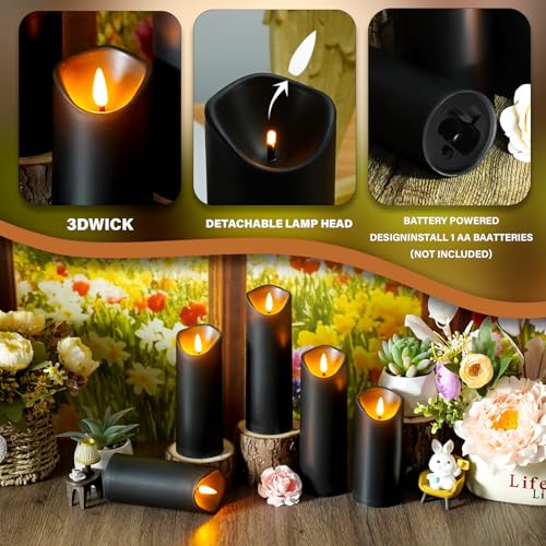 Image of kakoya Flickering Flameless Candles, Battery Operated Plastic LED Pillar Candles with Remote Control and Timer, Set of 24 (Black)
