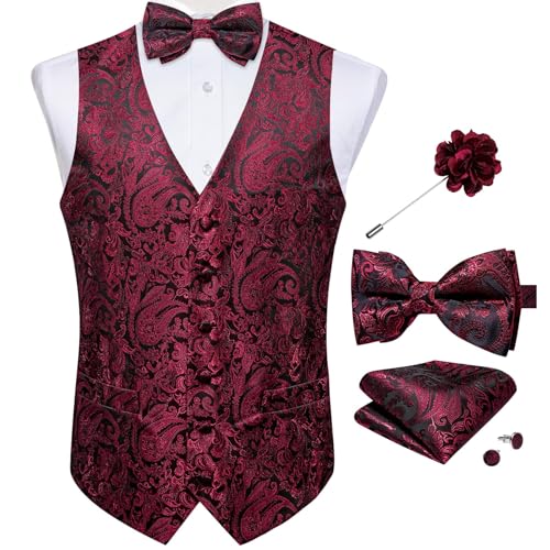 Image of DiBanGu Mens Paisley Suit Waistcoat,Silk Dress Vest and Bowtie Pocket Square Cufflinks with Lapel Pin Set for Wedding Tuxedo