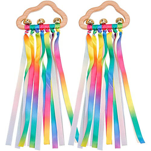 Image of Baby Girl Sensory Ribbon Toys - 2 Pcs Rattle Sensory Toy for 0-3, 0-6, 6-12 Months Babies Girls Dancer Rainbow Ribbon with Molar Wood Circle Teether, Ideal Birthday Shower Gift
