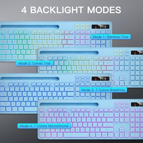 Image of Soueto Wireless Keyboard with 7-Color RGB Backlit, Full-Size Computer Keyboard with Phone Tablet Holder, 2.4G Rechargeable Gaming Keyboard with Light Up Keys, Compatible with Mac, Windows (Sky Blue)
