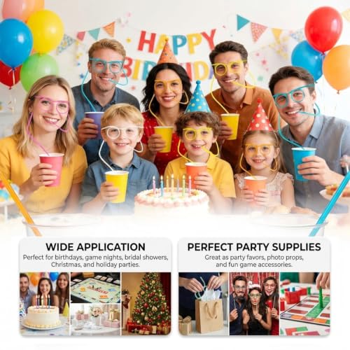 Image of Silly Straws Glasses, Reusable Crazy Straws for Kids, Flexible Twisty Straws Fun Eyeglass Frame Drinking Straws, Novelty Party Favors Supplies for Birthday, Game, Christmas, Holiday Decorations