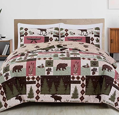 Lodge Bedspread King Size Quilt with 2 Shams. Cabin 3-Piece Reversible All Season Quilt Set