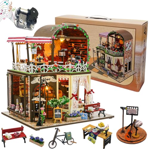 TOPBSFARNY DIY Miniature Dollhouse Kit, 3D Miniature Room with LED Light, Book House/Coffee House Wooden Model Building Kit Gift for Teen/Adults (Without Dust Cover)