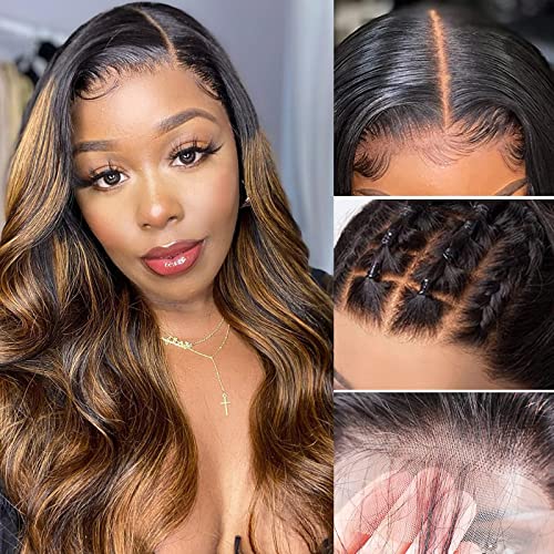 Haha Brown Highlight Lace Front Wig 4X4 Human Hair Body Wave Ombre Lace Closure Wig Pre Plucked With Baby Hair 20 Inch 150% Density Honey Blonde Highlight Wig 1Bt1B/30 #TOP2