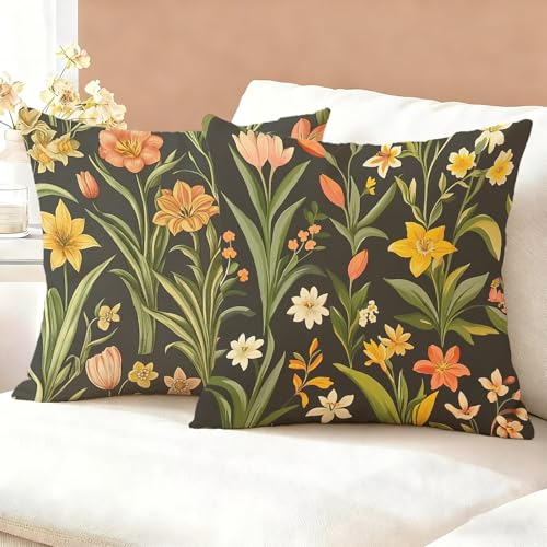 Flowers Cushion Covers 30 x 30 cm Set of 2, Green Cushions with Hidden Zip, Comfort Soft Square Pillow Cases, Outdoor Waterproof Velvet Cushion Covers, Decorative Pillows for Sofa, Living Room K6-421
