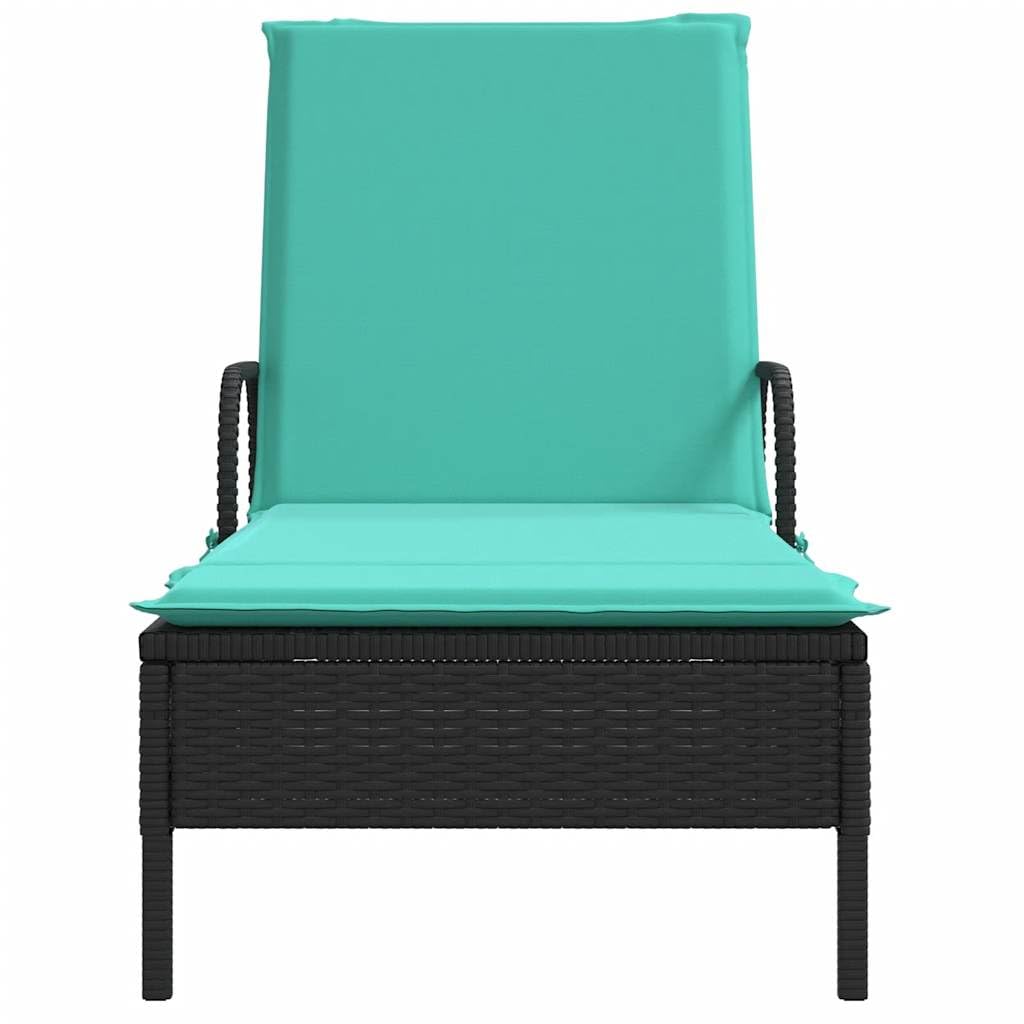 Lettino prendisole con ruote, lettino da giardino in polyrattan con schienale regolabile e comodo cuscino, mobili da giardino per terrazza e balcone, 61 x 200 cm, nero/turchese