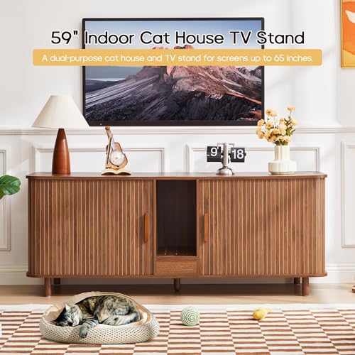 Image of 59 inch Wooden Hidden Double Cat Litter Box Enclosure Furniture