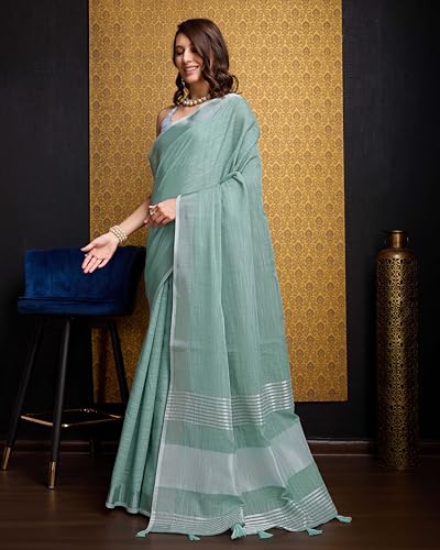 Image of SWORNOF Women's Linen Cotton Silk Saree with Unstitched Blouse Piece | Saree for Women | Saree with Blouse Piece | Soft and Skin Friendly