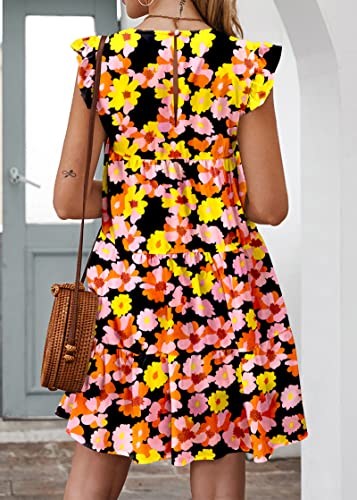 Image of KIRUNDO Summer Dresses for Women Sundress Sleeveless Ruffle Sleeve Round Neck Loose Short Flowy Pleated Mini Babydoll Dress