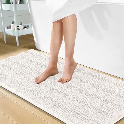 Image of OLANLY Thick Bathroom Runner Rugs 47x24, Extra Absorbent Chenille Striped Bath Rugs, Rubber Backing, Machine Wash Dry, Long Bath Mats for Bathroom Floor, Tub and Shower, Home Decor Accessories, Ivory