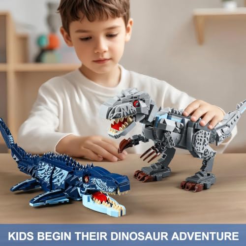 Image of Dual Dinosaur Building Sets - Indominus Rex & Mosasaurus Dinosaur Toys with Poseable Joints, STEM Educational Toys for Kids Ages 6-12, Creative Birthday Gifts for Boys and Girls