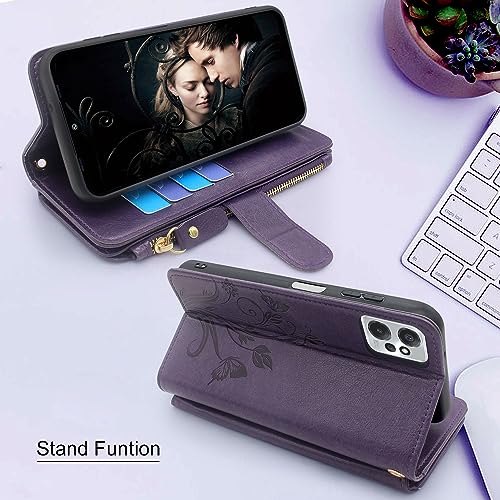 Lacass [Cards Theft Scan Protection 10 Card Slots Holder Zipper Pocket Wallet Case Flip Leather Cover with Wrist Strap Stand for Motorola Moto G Power 5G 2023 Case (Floral Dark Purple)
