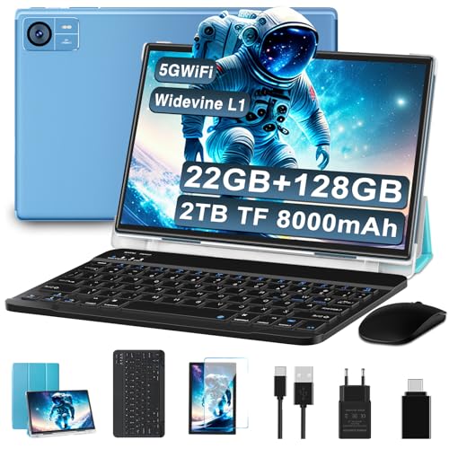 2024 Neueste Tablet 10 Zoll Android 14 mit 22GB RAM+128GB ROM 1TB TF, Octa-Core,Widevine L1,5G+2.4G WiFi, Bluetooth 5.0, 8000mAh, 8MP+5MP,1280*800, Gesichtserkennung,Type C, Tablet mit Tastatur - Blau