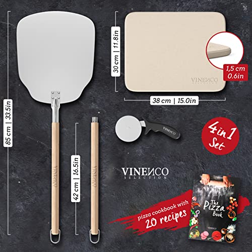 Pizza Stone for Oven & Grill with Peel and Cutter | Focaccia Bread Cooking Set | Baking Kit & Recipe Book, Paddle | Platter for Gas & Charcoal BBQ Accessory | Bake Pastries, Tarts Calzone & Pitas
