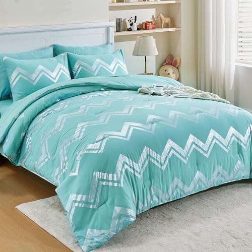 Wowelife 5 Pieces Teal Twin/Twin XL Comforter Set for Girls Kids College Teal Twin Bedding Sets Bed in A Bag Glitter with Comforter, Flat Sheet, Fitted Sheet 1 Pillow Case and 1 Pillow Sham