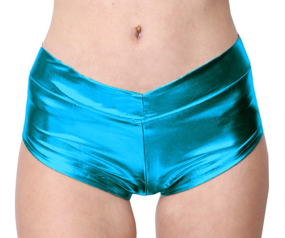 SACASUSA Shiny Low Waist Stretchy Metallic Rave Mini Booty Shorts Dance Bottom Hot Pants Teal L